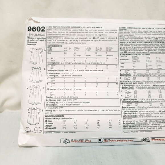 Infant Babies Dress Hat Romper Simplicity 9602 Size XXS - L Uncut 2001 Uncut - Picture 2 of 6